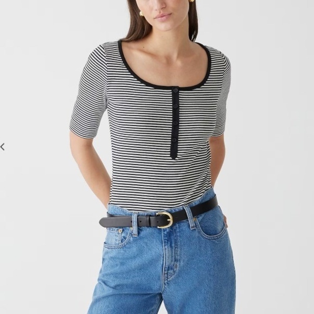J.Crew NEW Women Medium Vintage Rib Henley TShirt Short Sleeve Round Neck Stripe